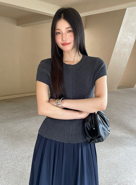 FONE简禾百搭圆领短袖针织衫女2025秋季基础款修身打底上衣