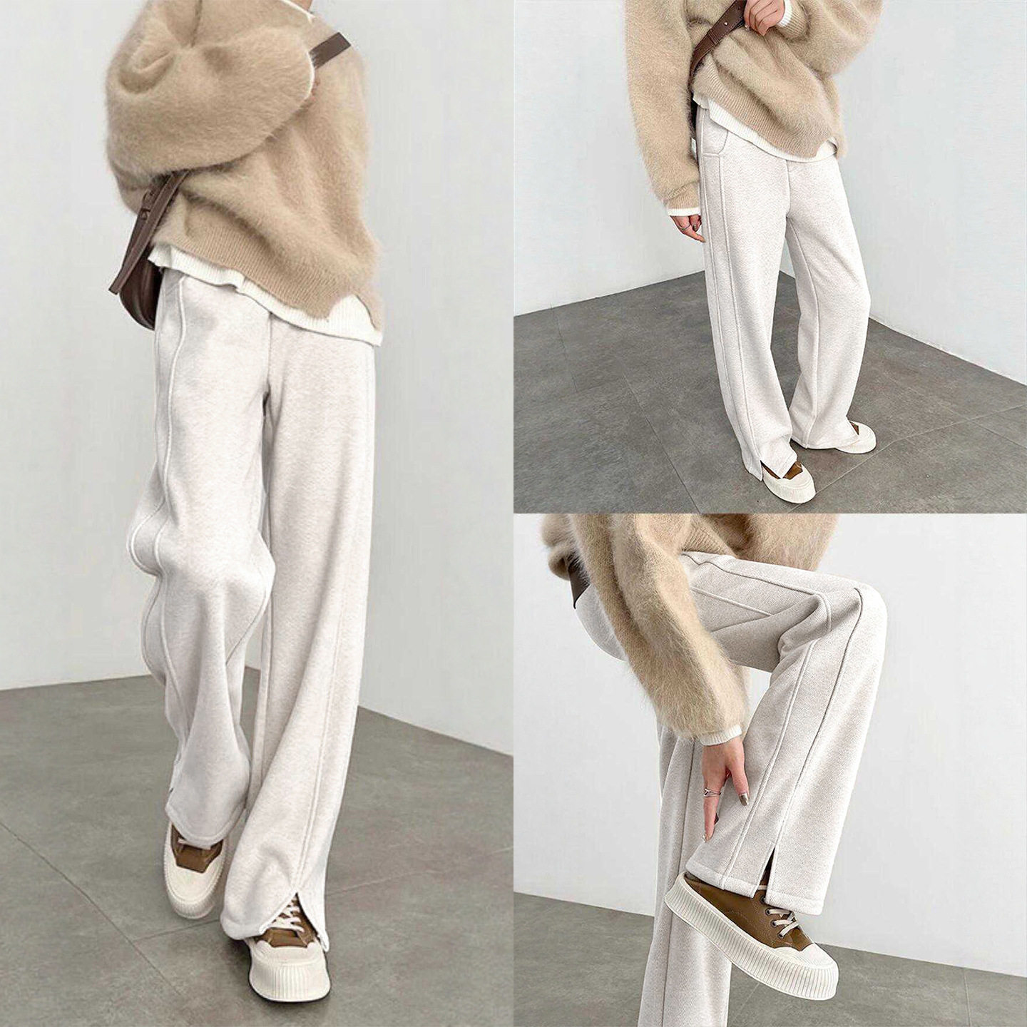 人字纹加绒阔腿裤女冬2025新款加厚毛呢开叉直筒羊毛窄版香蕉裤子,女装/女士精品,休闲裤,淘宝优惠券,粉丝福利购,淘宝优惠卷