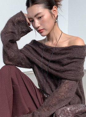 FONE简禾气质一字肩针织衫女2025秋季美拉德马海毛柔软毛衣