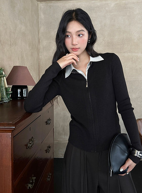 FONE简禾2025秋季新款韩系休闲假两件拉链POLO领针织开衫女