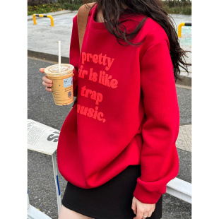 卫衣女加绒加厚秋冬慵懒风字母印花圆领套头上衣 鹿西宽松美式