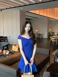 2024夏新款偏心原创 复古高干女主氛围 露肩羊毛针织鱼尾连衣短裙