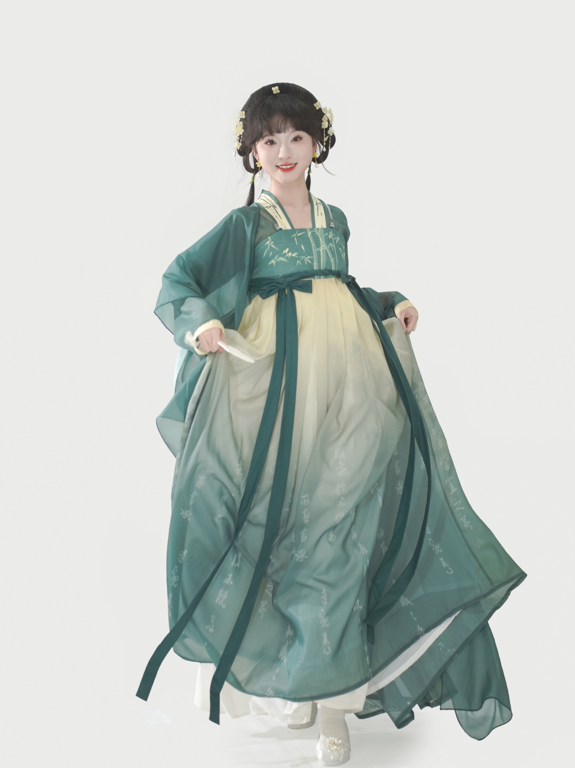 春不晚原创汉服【竹之】唐制一片式齐胸襦裙印花新中式风春夏款