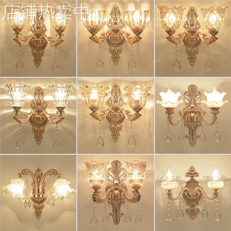 欧式水晶中山壁灯锌合金客厅创意过道双头卧室床头电视背景墙灯具