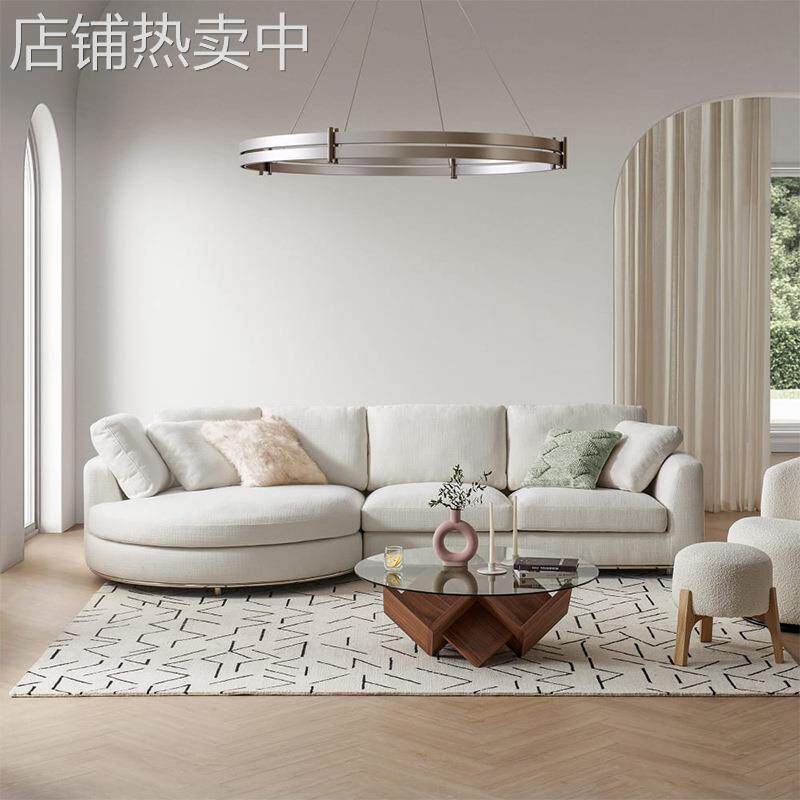 红阑 简约现代客厅小户型布艺沙发北欧双人贵妃组合白色圈绒沙发