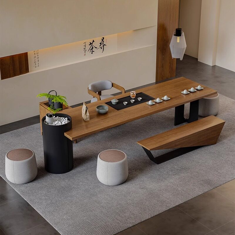 侘寂风实木大板茶桌椅组合岛台泡茶台现代简约家用客厅办公室茶桌