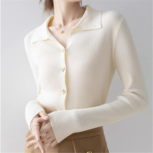 别致金属扣Polo领针织开衫 翻领高级感打底上衣 女早秋新款 纯色长袖