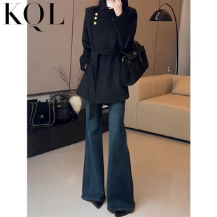 配喇叭裤 高腰弹力巨显瘦不贴腿高跟鞋 女春季 深蓝色加绒微喇牛仔裤