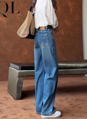 美式深蓝色加绒弯刀牛仔裤女高腰宽松阔腿裤秋冬小个子遮胯直筒裤