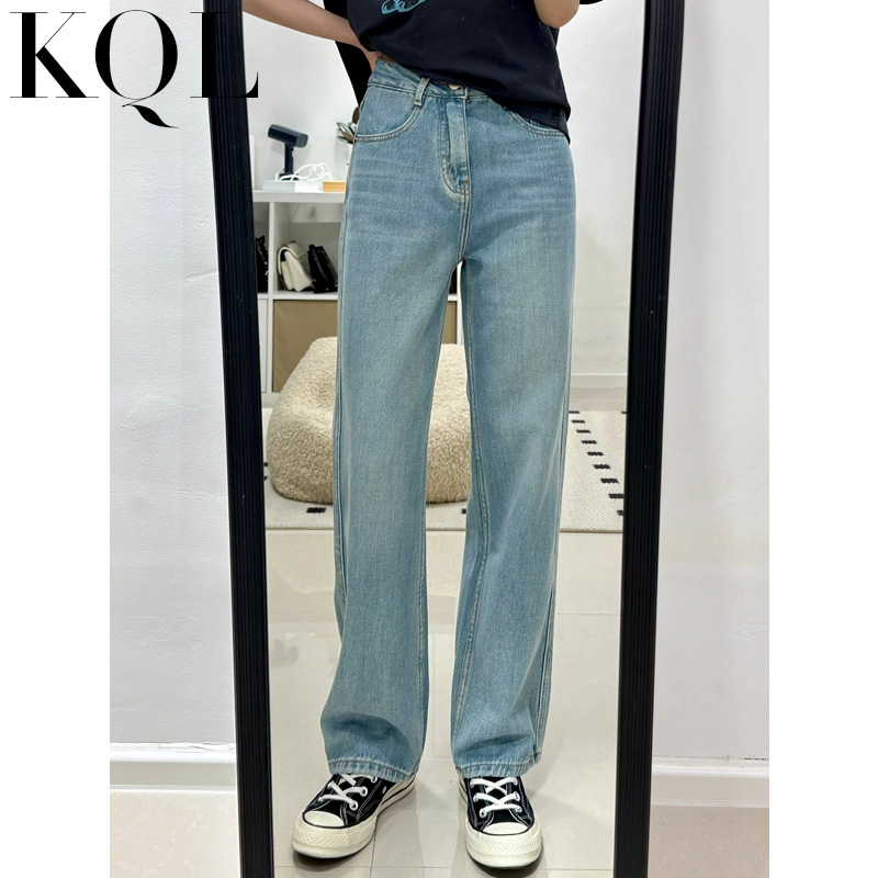 阔腿牛仔裤女高腰浅色直筒拖地裤