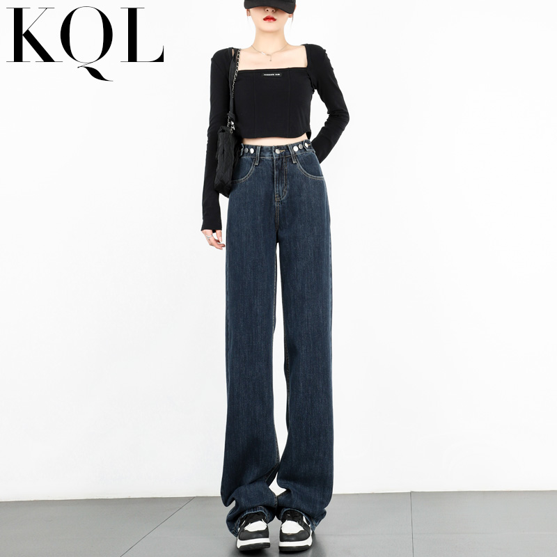 阔腿牛仔裤女高腰蓝灰色宽松显瘦