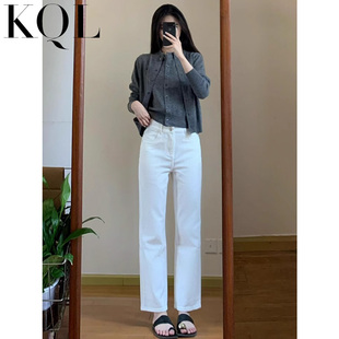 白色直筒牛仔裤女2025春季新款高腰显瘦加绒九分弹力小个子烟管裤