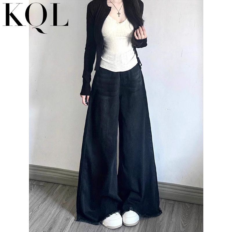 黑灰色毛边阔腿牛仔裤女大裤腿