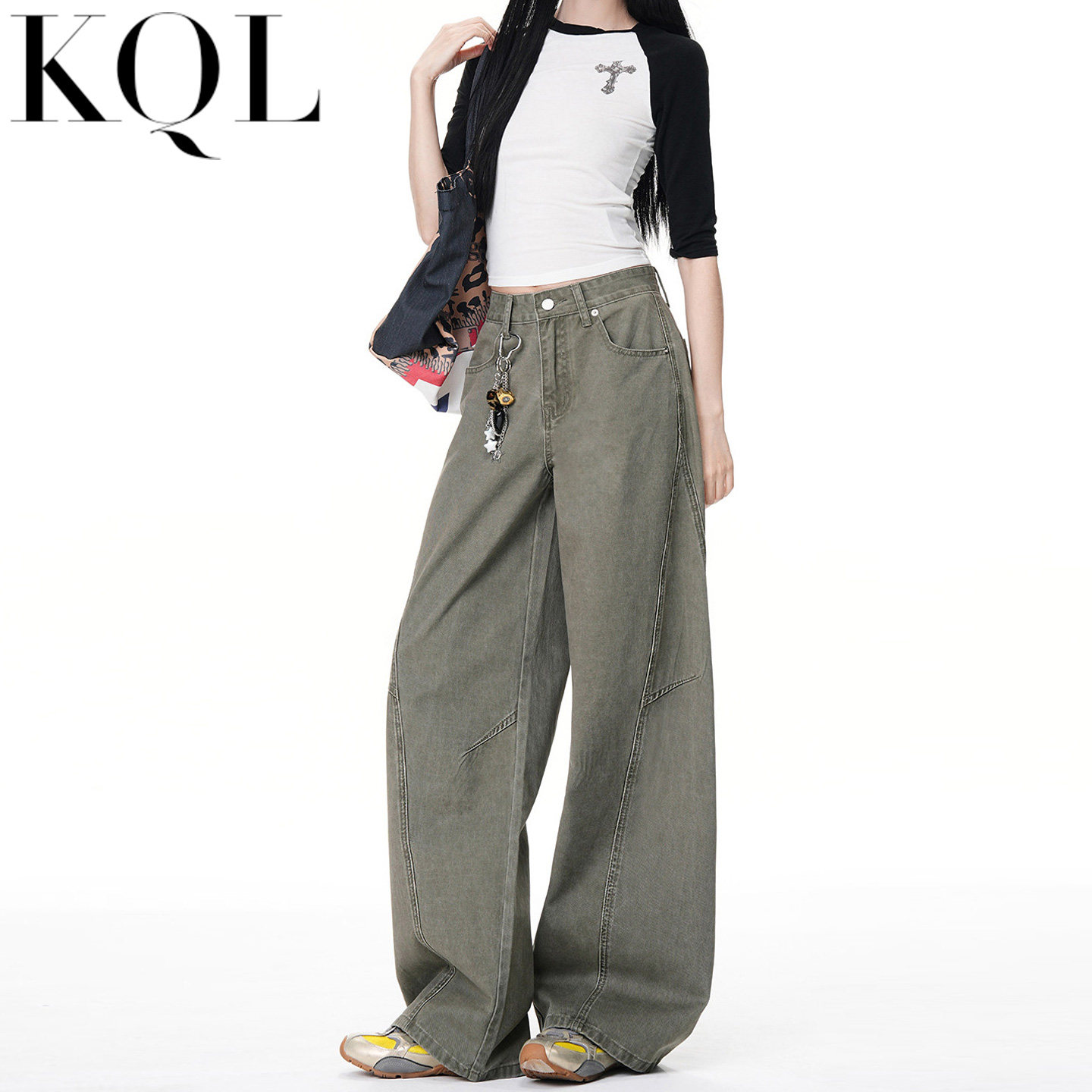美式军绿色牛仔裤女春季新款高腰宽松显瘦拼接设计感工装阔腿裤子,女装/女士精品,牛仔裤,淘宝优惠券,粉丝福利购,淘宝优惠卷