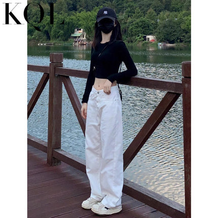 白色牛仔裤女新款秋冬季加绒高腰宽松直筒显瘦垂感加长阔腿拖地裤