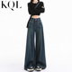 高腰宽松直筒显瘦拖地长裤 加绒美式 A版 女秋冬季 深蓝色阔腿牛仔裤