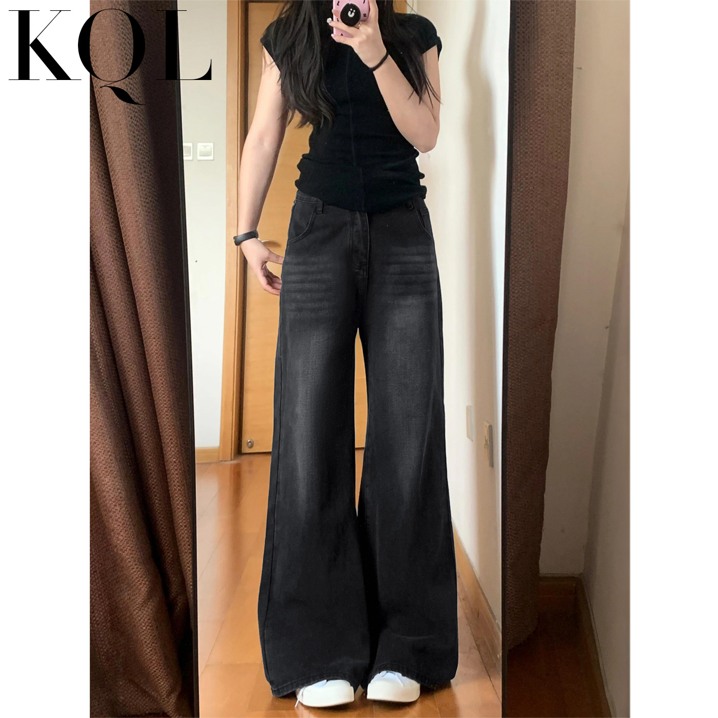 黑灰色阔腿牛仔裤女拖地直筒裤