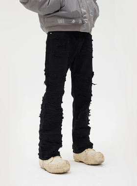 潮牌原创黑色牛仔长裤男2022年春秋新款国潮复古微喇叭裤子情侣款