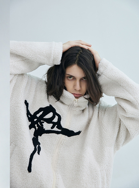 潮牌原创羊羔绒外套男秋冬国潮痞帅新款情侣装oversize卫衣开衫女