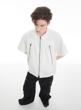 潮牌短袖白衬衫男ins夏季高级感宽松上衣原创设计感小众痞帅衬衣