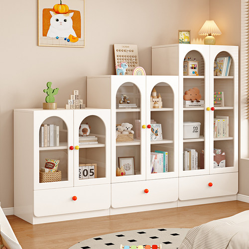 实木书柜学生家用落地置物柜靠墙玻璃门书架简约书橱家用收纳柜子