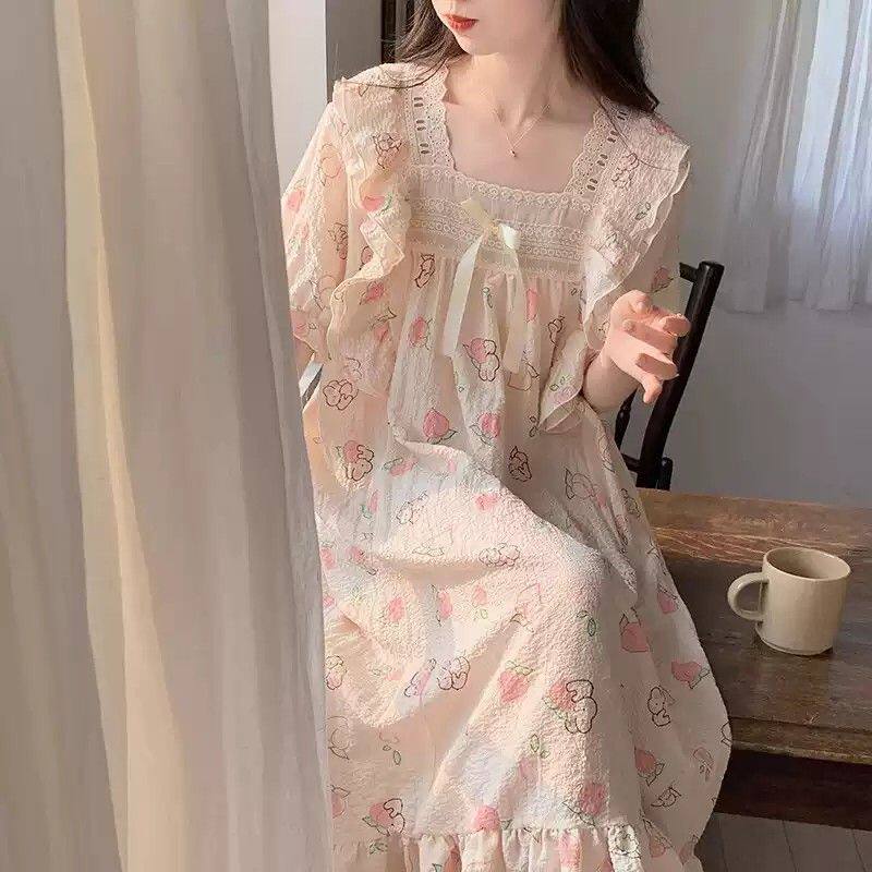 睡裙夏季女梭织棉卡通可爱短袖公主风睡衣夏天女士宽松春秋家居服