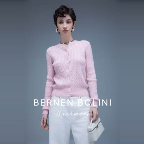 Bernen Bolini 高密小山羊绒 支经典绞花樱花粉开衫