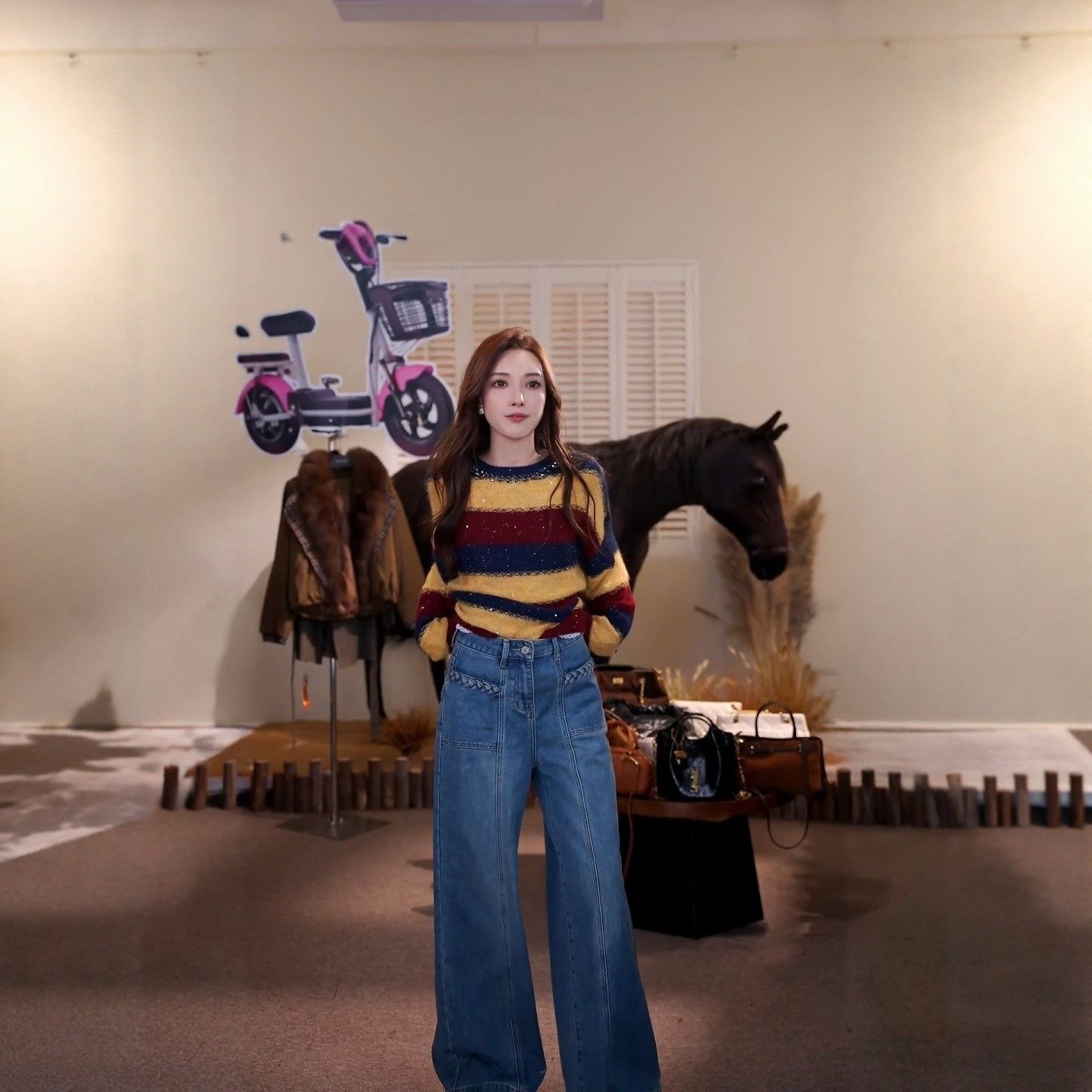 冬季高级感简约麻花口袋植绒阔腿女牛仔裤子MKKQ3398【澳门小源】