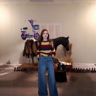 冬季高级感简约麻花口袋植绒阔腿女牛仔裤子MKKQ3398【澳门小源】