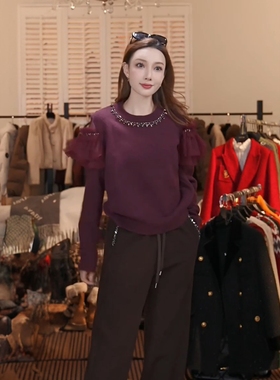 冬季设计感重工镶钻网纱拼接百搭毛衣女MKKQ36851-3 澳门小源同款