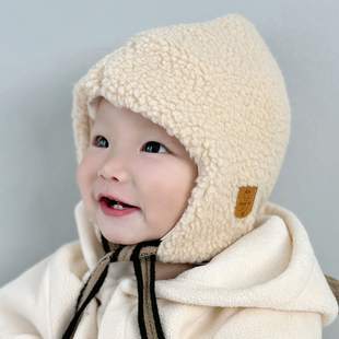 韩国婴儿帽子冬季 柔软精灵帽可爱 加厚羊羔绒护耳帽男女宝宝百搭款