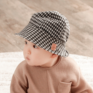 韩国进口婴儿帽子秋冬保暖纯棉男女宝宝胎帽可爱千鸟格大檐渔夫帽