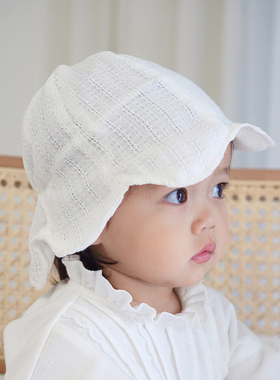 ins风 婴儿帽子夏凉帽薄款纯棉透气儿童遮阳帽女宝宝渔夫帽白色萌