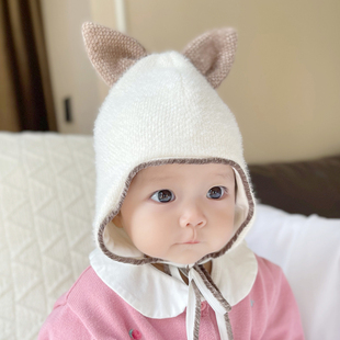 韩国进口婴儿帽子冬季 保暖针织帽男女宝宝防风护耳胎帽可爱精灵帽