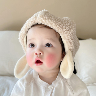 韩国婴儿帽子冬季 保暖加厚羊羔绒防风胎帽新生小宝宝套头帽女童萌