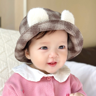 韩国婴儿帽子秋冬保暖男女宝宝渔夫帽格子耳朵装 饰大檐防风遮阳帽