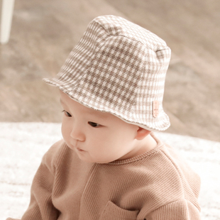 韩国婴儿帽子冬季 加厚超保暖男女宝宝平顶渔夫帽千鸟格儿童盆帽萌
