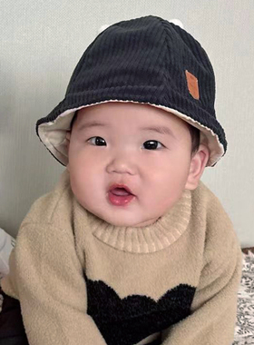 韩国婴儿帽子秋冬保暖灯芯绒防风男女宝宝厚款渔夫帽儿童盆帽黑色