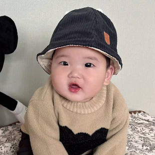 韩国婴儿帽子秋冬保暖灯芯绒防风男女宝宝厚款 渔夫帽儿童盆帽黑色