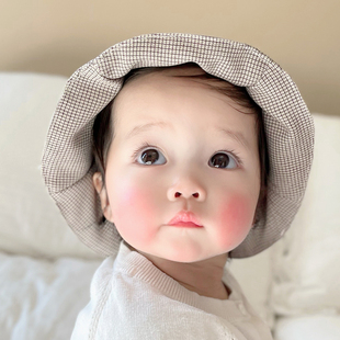 韩国进口婴儿帽子秋冬小月龄男女宝宝渔夫帽经典 格子儿童盆帽百搭