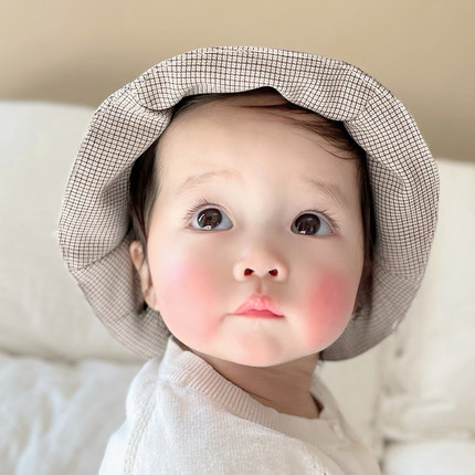 韩国进口婴儿帽子秋冬小月龄男女宝宝渔夫帽经典格子儿童盆帽百搭