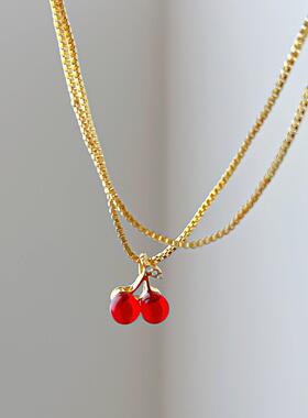 Red cherry pendant necklace women跨境红色樱桃吊坠项炼女小众