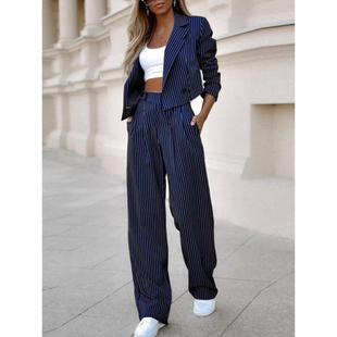 套装 Striped Pants 翻领西装 Set Leg 直筒裤 Suit 条纹短款 Lapel