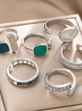 6-piece ring set跨境祖母绿滴油戒指简约开 口戒指女关节戒套装