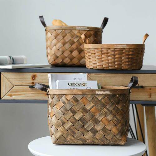 Wood chip handle woven storage basket picnic fruit bread bas