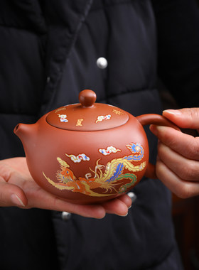 网红茶壶手工朱泥紫砂大红袍泥壶家用泡茶壶大号凤鸣变色壶沏茶壶