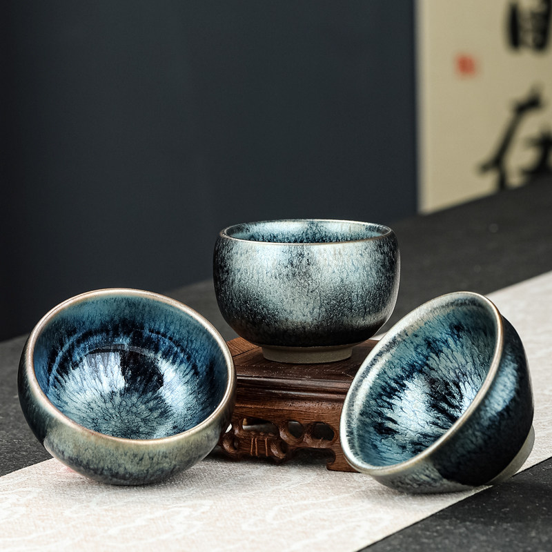 建阳建盏铁钛茶盏茶杯大号主人杯单杯百花盏喝茶杯子手工陶瓷茶具_虎窝淘