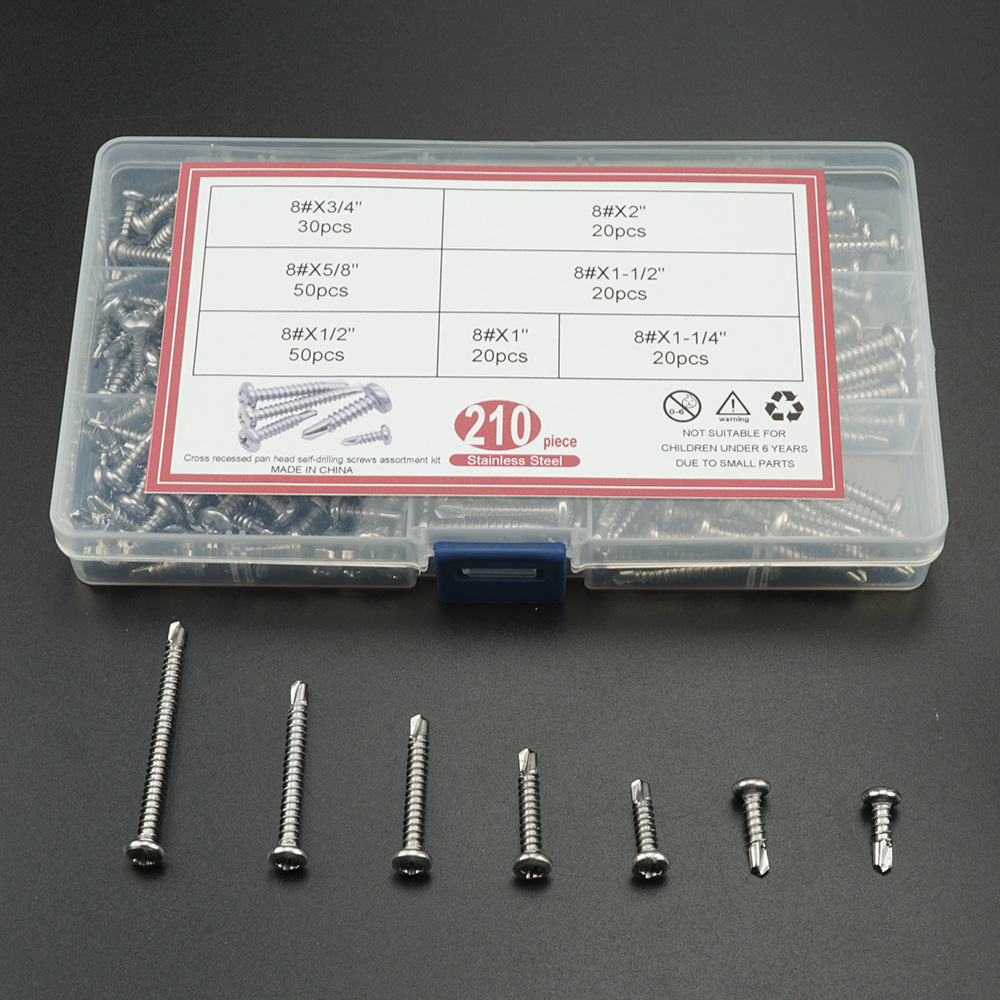 410不锈钢210pcs十字盘头钻尾#8X1/2“至#8X2“七规格套装盒装