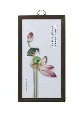 端瓷板画景德镇山水花鸟牡丹荷花实木框客厅装饰新中式仿古壁画