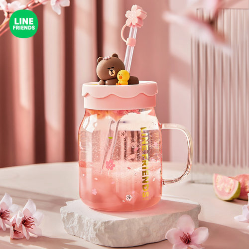 LINE FRIENDS玻璃水杯女生儿童夏季大容量吸管杯子新款水杯大肚杯